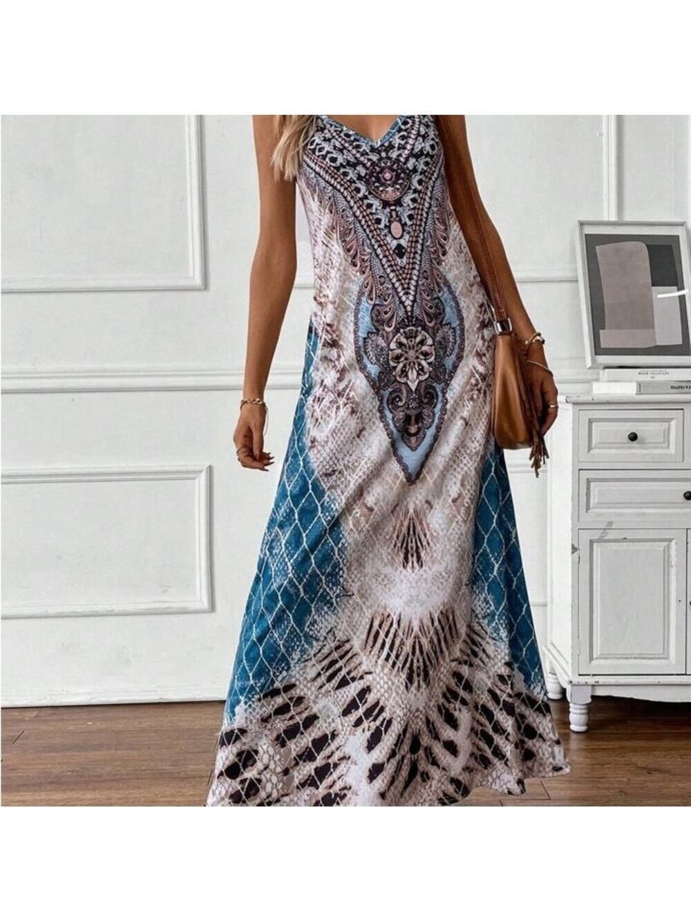 Women's Blue Snakeskin Print Bohemian Maxi Cami Dress Large - Picture 11 of 15